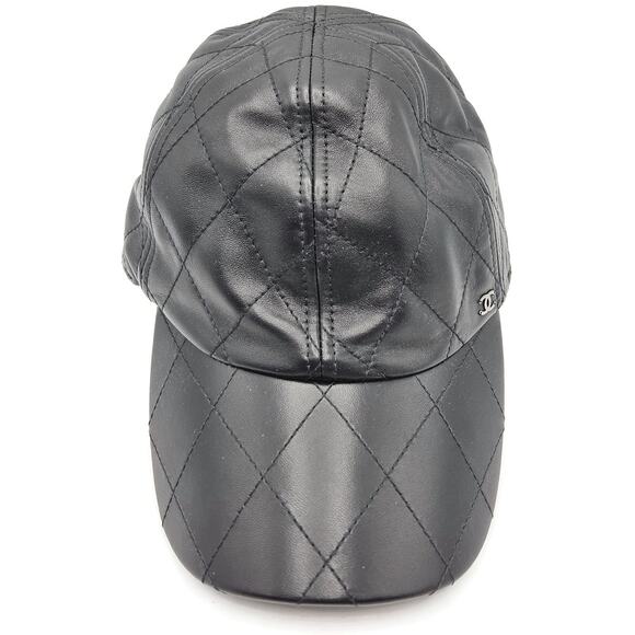Chanel CC Logo Quilted Lambskin Leather Baseball Cap Hat Black Medium 15B Rare main image 4